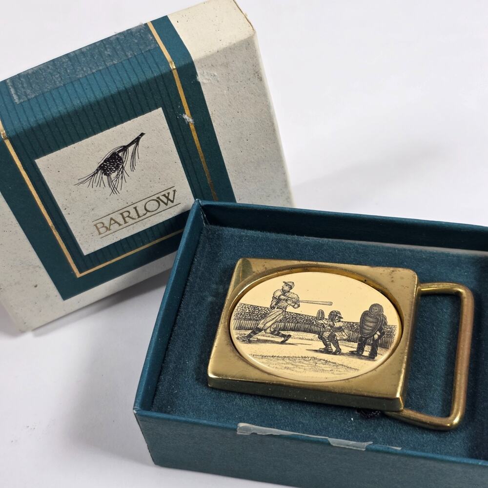 Vintage Barlow baseball-themed belt buckle Made in USA Brass